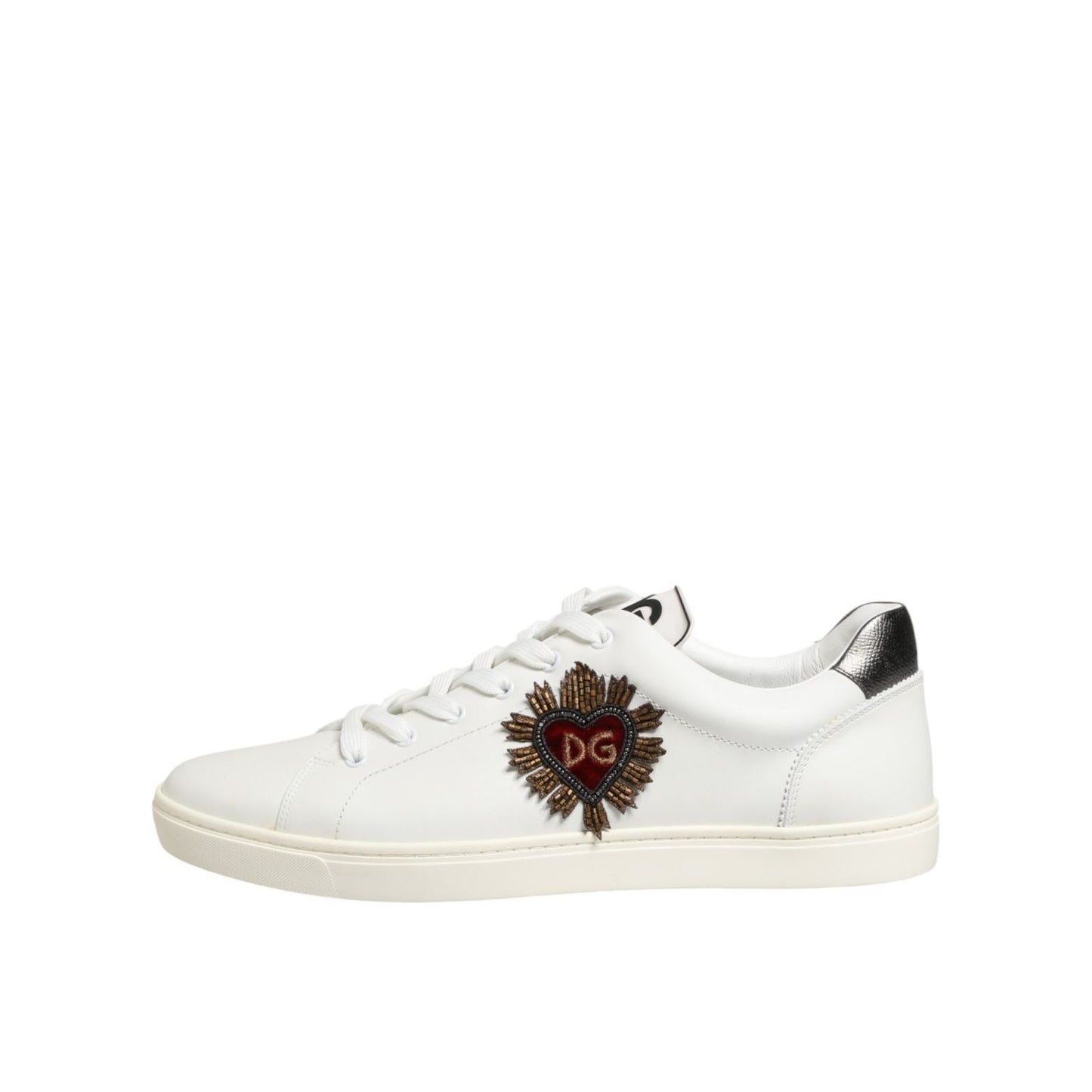 Dolce & Gabbana White Leather Heart Embellished Sneakers Shoes, premium leather, Italian craftsmanship, low-top design.