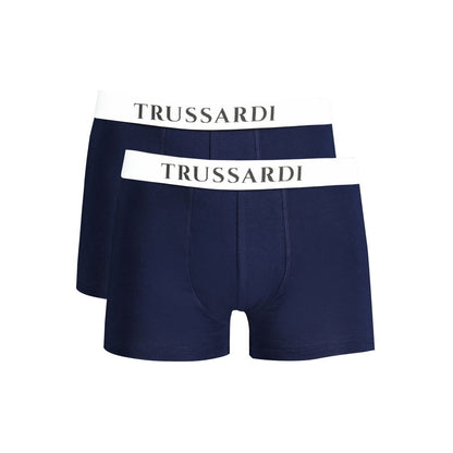 Trussardi Blue Cotton Underwear with elastic waist and logo, basic bi-pack boxer set featuring a stylish print design.
