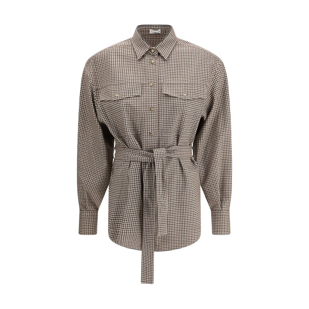 Brunello Cucinelli Brown Fleece Wool Pattern Shirt with check design and removable belt, featuring monile embroidery on collar.