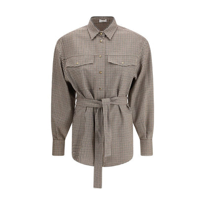 Brunello Cucinelli Brown Fleece Wool Pattern Shirt with check design and removable belt, featuring monile embroidery on collar.