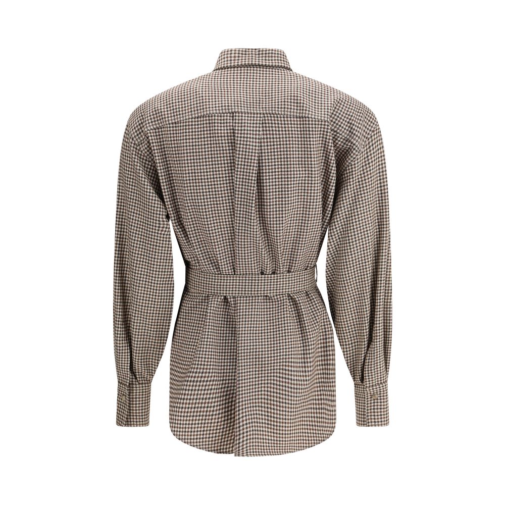 Rear view of Brunello Cucinelli Brown Fleece Wool Pattern Shirt with check design and removable belt.