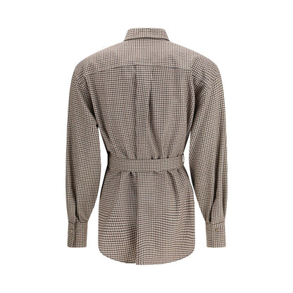 Rear view of Brunello Cucinelli Brown Fleece Wool Pattern Shirt with check design and removable belt.