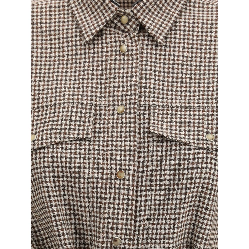 Brunello Cucinelli Brown Fleece Wool Pattern Shirt with check design, featuring buttoned chest pockets and classic collar.