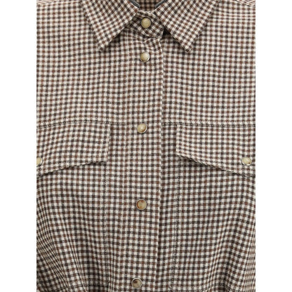 Brunello Cucinelli Brown Fleece Wool Pattern Shirt with check design, featuring buttoned chest pockets and classic collar.