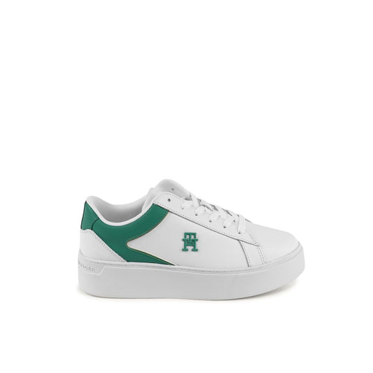 Tommy Hilfiger White Leather Low Top Sneakers with green accents, women's style FW0FW079100K4, made from 100% leather, side view.