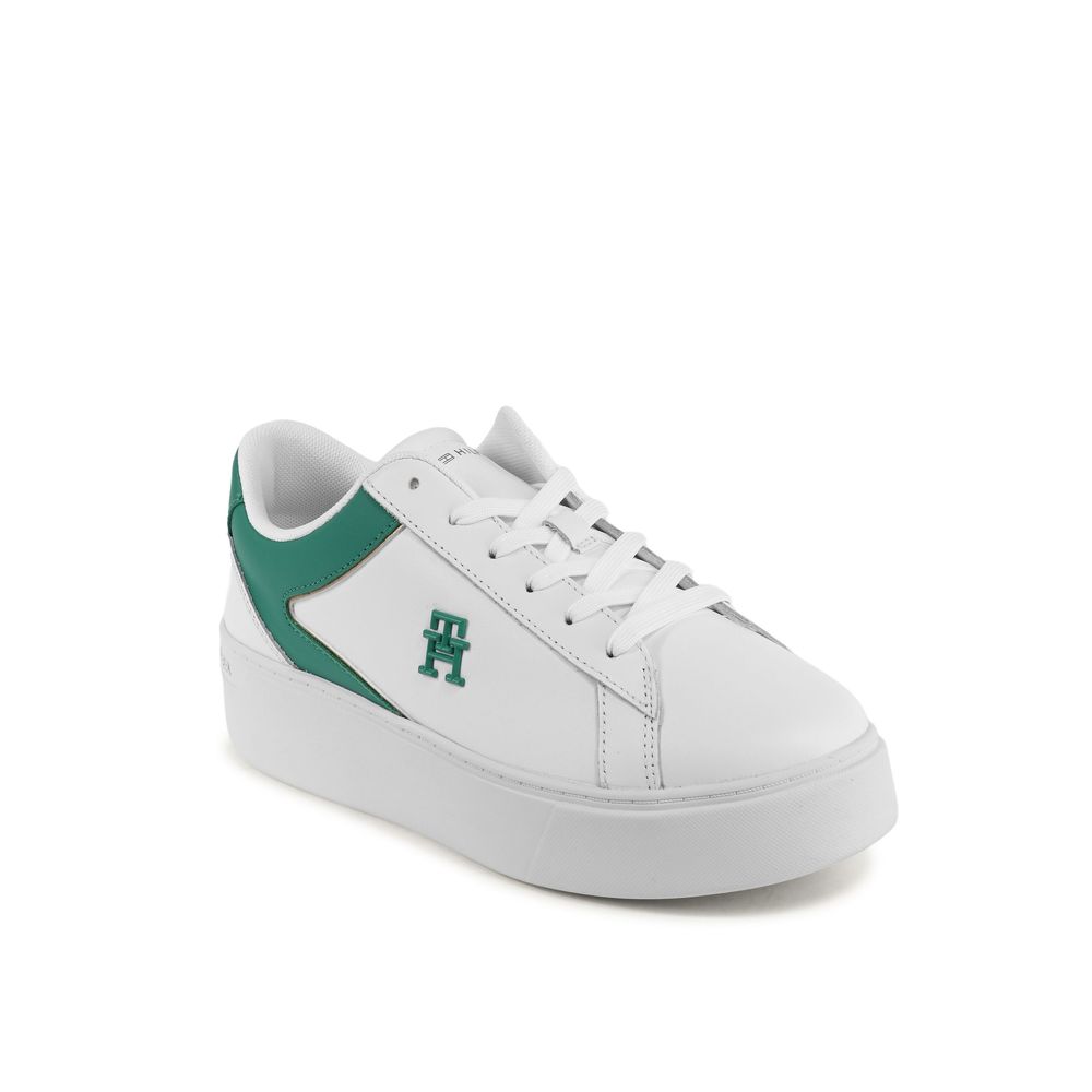 Tommy Hilfiger White Leather Low Top Sneakers for women, featuring green accents and logo. Made in Vietnam, 100% leather.
