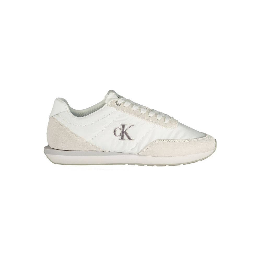 Calvin Klein White Polyester Men Sneaker with iconic logo and grey accents, stylish and sustainable footwear for modern trendsetters.