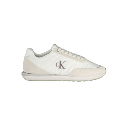 Calvin Klein White Polyester Men Sneaker with iconic logo and grey accents, stylish and sustainable footwear for modern trendsetters.
