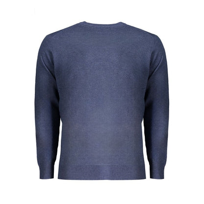 Back view of Norway 1963 Blue Polyester Sweater, long-sleeved with crew neck and embroidery logo, showcasing elegant design.