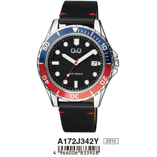 Q&Q Mod. GENT DATE wristwatch, 43mm metal case, leather strap, quartz movement, 5 ATM water resistant, mineral dial, official packaging.