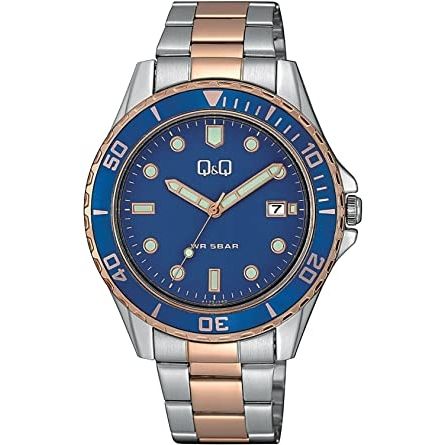 Q&Q Mod. GENT DATE wristwatch with blue dial, metal case, and SS bracelet, 5 ATM water resistance, quartz movement, in official box.