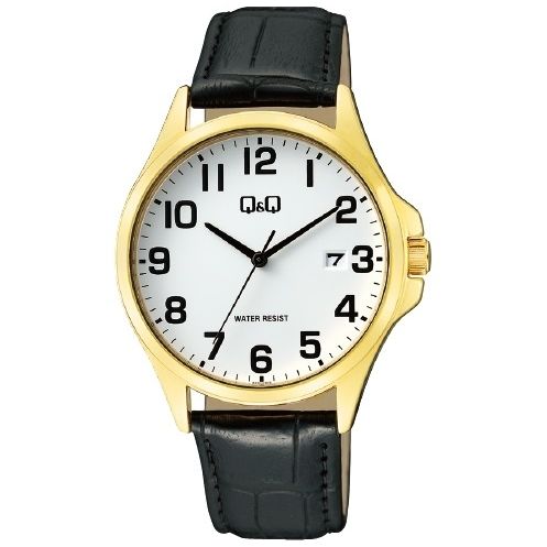 Q&Q Mod. GENT DATE wristwatch with gold case, black leather strap, quartz movement, and sapphire dial, water resistant 3 ATM.