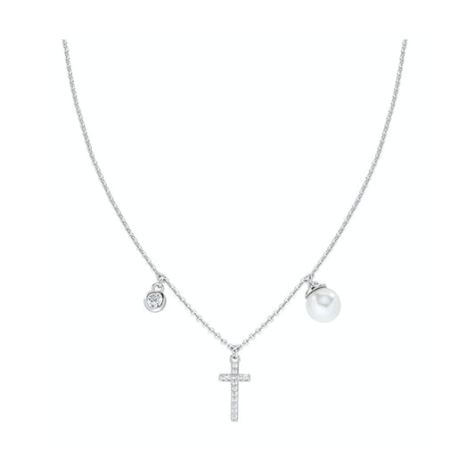 Silver necklace with cross, pearl, and gemstone; AMEN JEWELRY Mod. CLCRPEBBZ