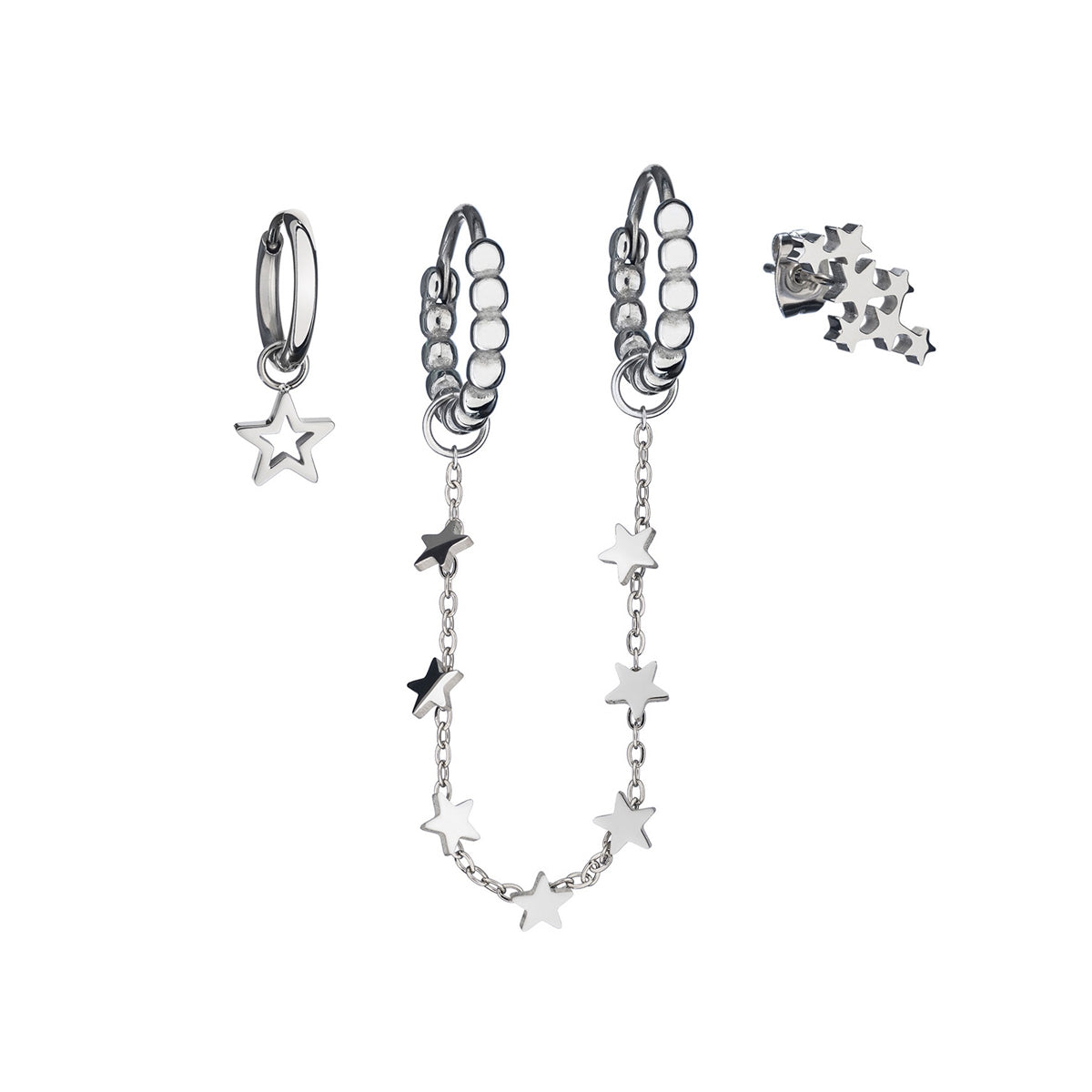 Star-themed earrings and ear cuffs by AN JEWELS JEWELRY Mod. AB.EP030, featuring silver tones and star motifs.