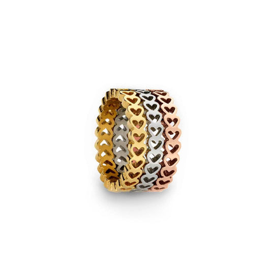 Elegant heart-styled stackable rings by AN JEWELS JEWELRY Mod. AL.RSC01SYR-9 in gold, silver, and rose gold hues.
