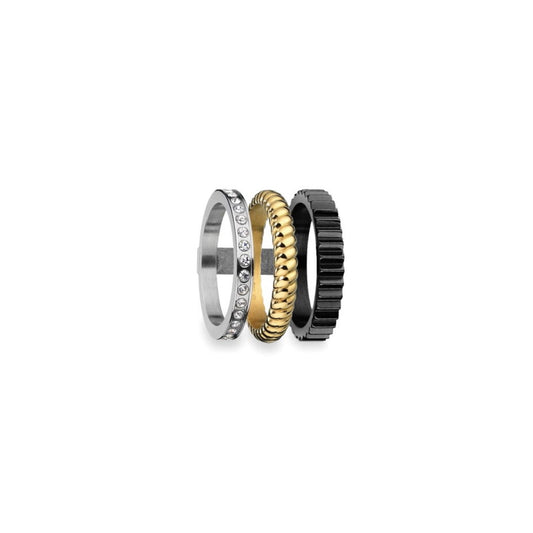 Three stylish rings from AN JEWELS JEWELRY Mod. AR.R3NS03SYK-7 collection, featuring silver, gold, and black contrast.