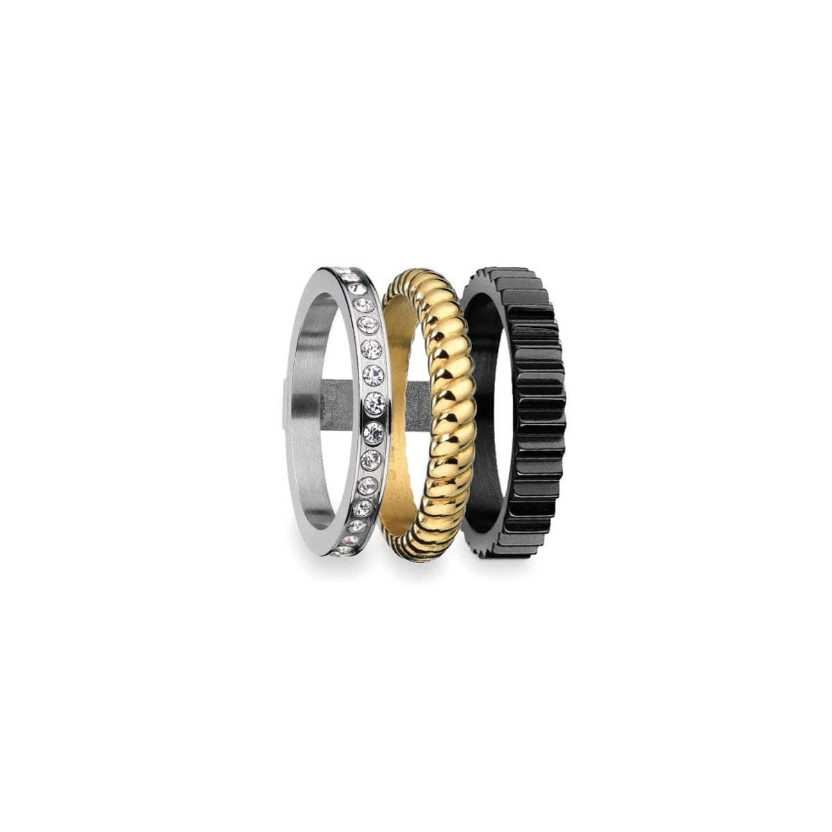 Set of three stylish rings featuring AN JEWELS JEWELRY Mod. AR.R3NS03SYK-8 with gold, silver, and black designs