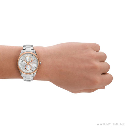 ARMANI EXCHANGE Mod. AX1870 wristwatch featuring SS IP rose gold case, quartz movement, on wrist with official packaging.