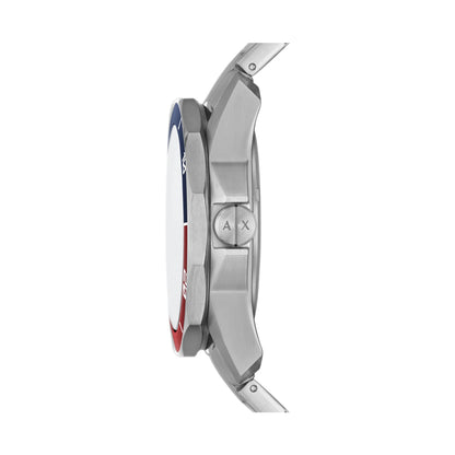 Side view of ARMANI EXCHANGE Mod. AX1955 wristwatch, stainless steel case and bracelet with quartz movement, 10 ATM water resistance.