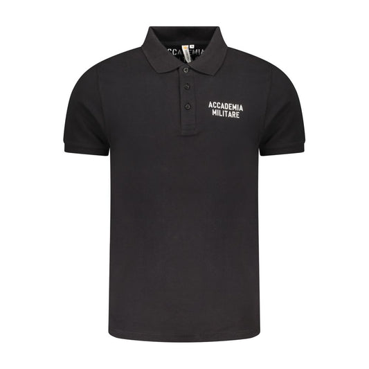 Accademia Militare Black Cotton Polo Shirt with short sleeves, 3 buttons, and contrast logo print.
