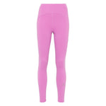 Adidas By Stella McCartney Trousers Purple with fuchsia pink elastic waistband and logo print, 7/8 leggings, back view.