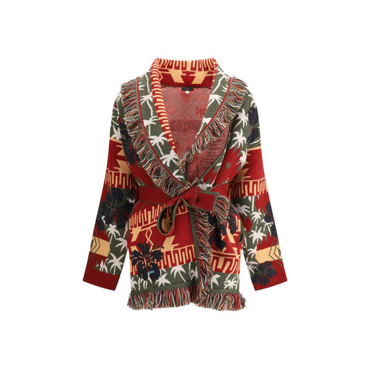 Alanui Multicolor Fleece Wool Cardigan with hibiscus and palm tree patterns, two-tone sash belt, and fringed edges, made in Italy.