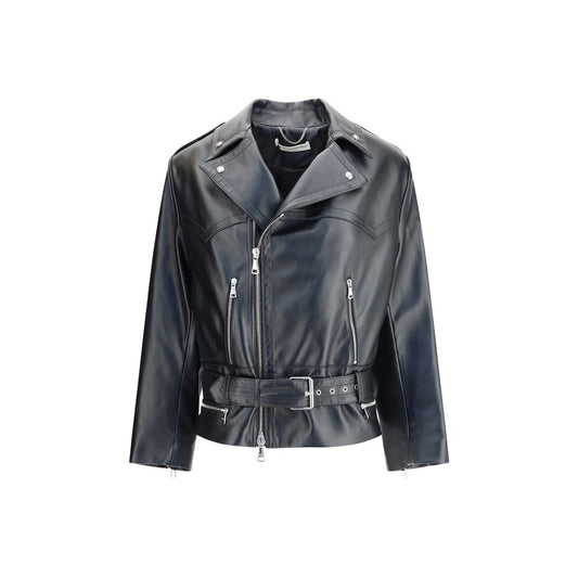 Alessandra Rich Black Leather Biker Jacket with wide lapels, side zipper, and buckle-adjustable belt for a stylish AW25 season look.