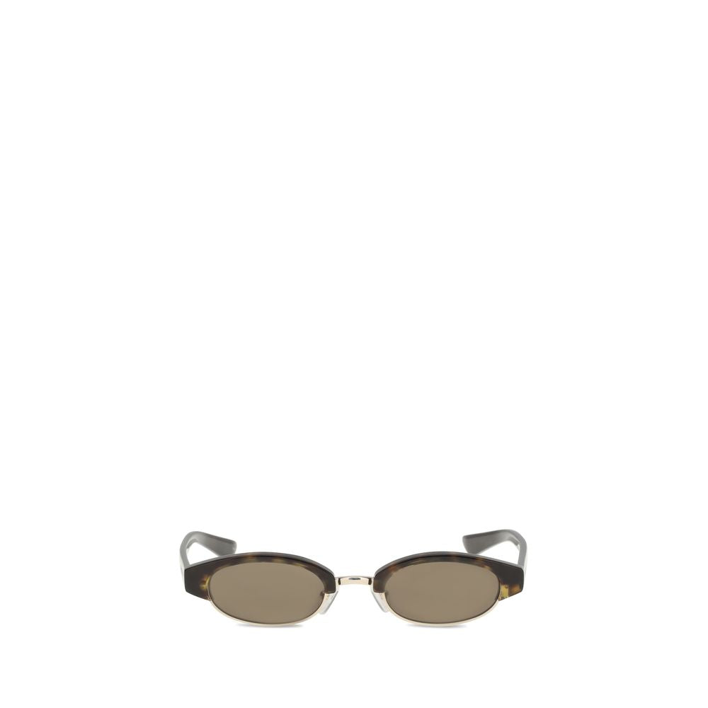 Alt Tag: Alexander McQueen Brown Acetate Sunglasses with narrow oval silhouette and semi-rimless frame, featuring McQueen logo on temples.