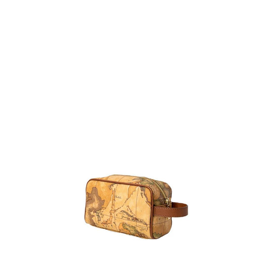 Alviero Martini Prima Classe Beige Cotton Clutch Bag with geographic print and eco-leather accents, stylish and practical design.