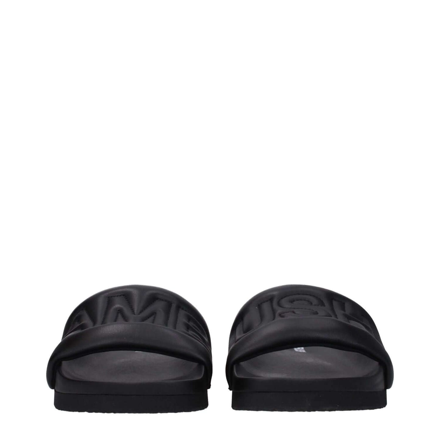Ambush Black Leather Slippers with front logo, open toe design, and rubber sole, street style footwear for casual wear.