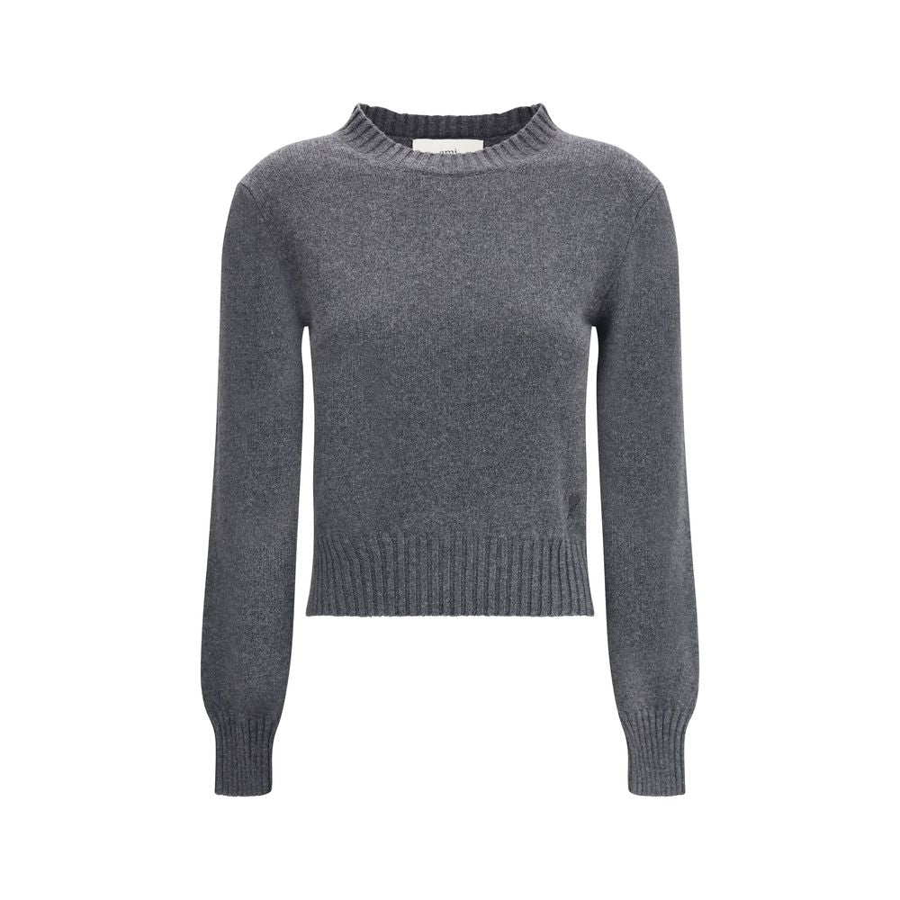 Ami Paris Gray Cashmere Cashmere Sweater with ribbed crew neck and iconic Ami De Coeur logo. Soft knit for comfortable fit. AW25 season.