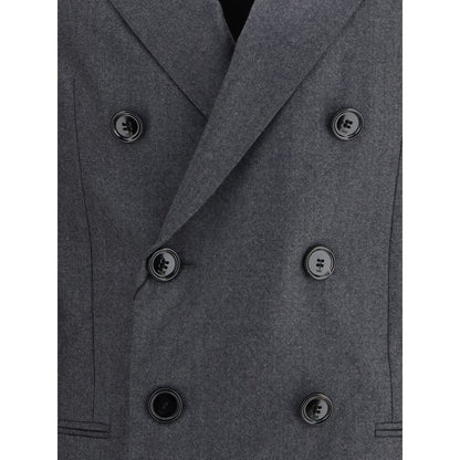 Ami Paris Gray Fleece Wool Blazer - double-breasted virgin wool blazer with classic lapels, button fastening, front pockets. AW25 collection.