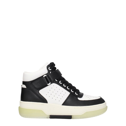 Amiri Black Leather High Top Sneakers with lace-up closure, featuring front and back logos, white accents, and rubber sole.