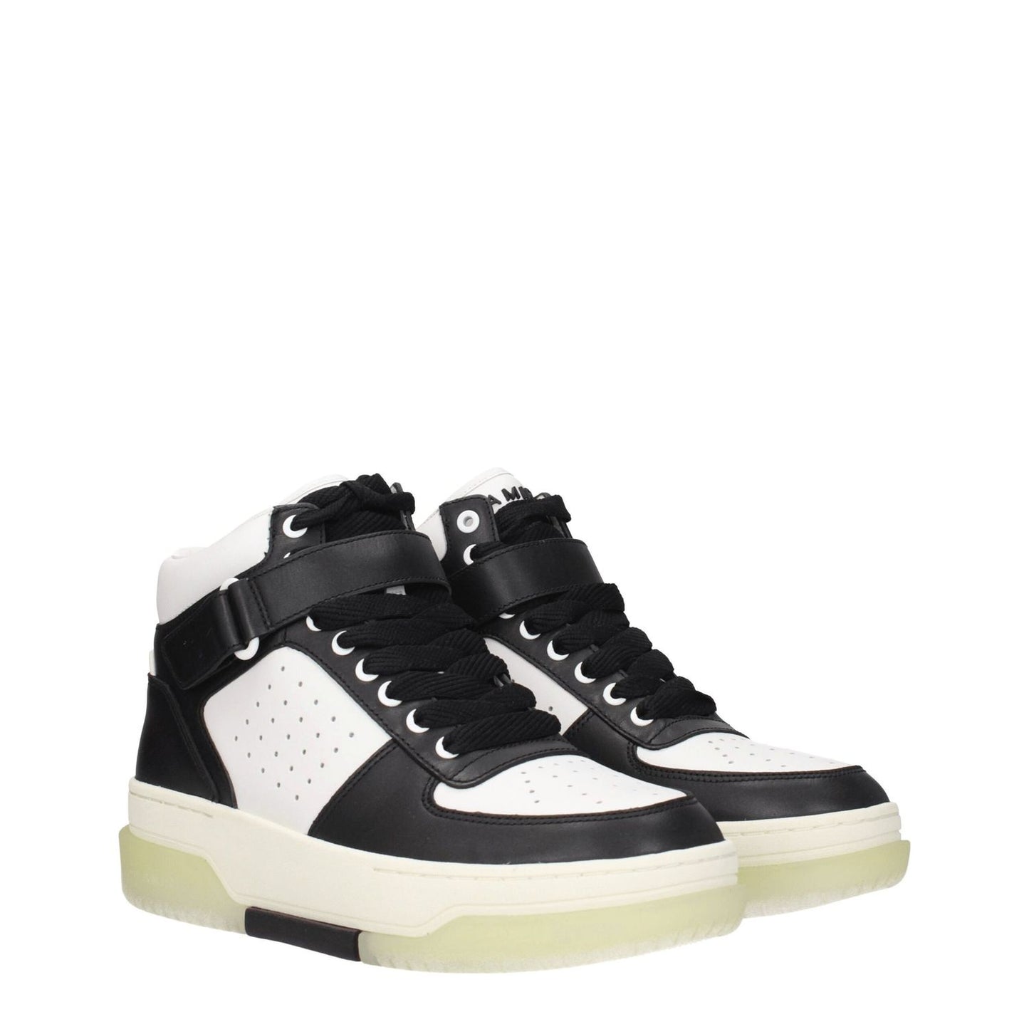 Amiri Black Leather High Top Sneakers with logo, lace-up closure, rubber sole, wedge heel, round toe in black and white.