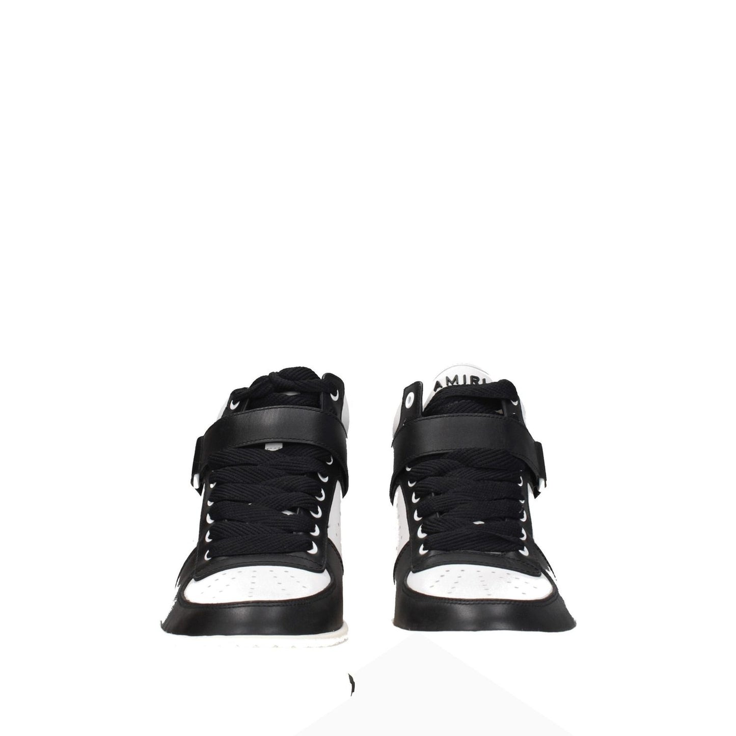 Amiri Black Leather High Top Sneakers with lace-up closure and rubber sole, featuring front and back logos. Style: Street, Round toe, Wedge heel.