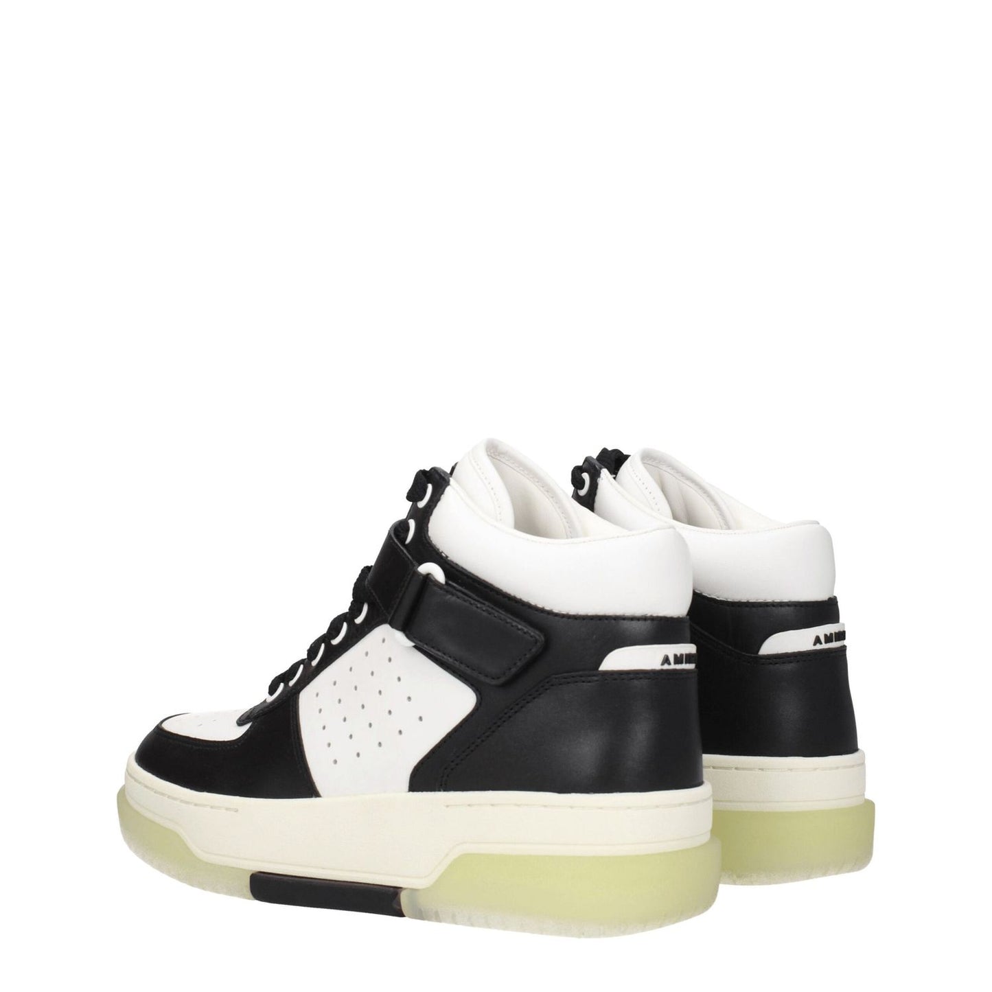Amiri Black Leather High Top Sneakers with logo, wedge heel, rubber sole, lace-up style, and round toe design, black and white color.
