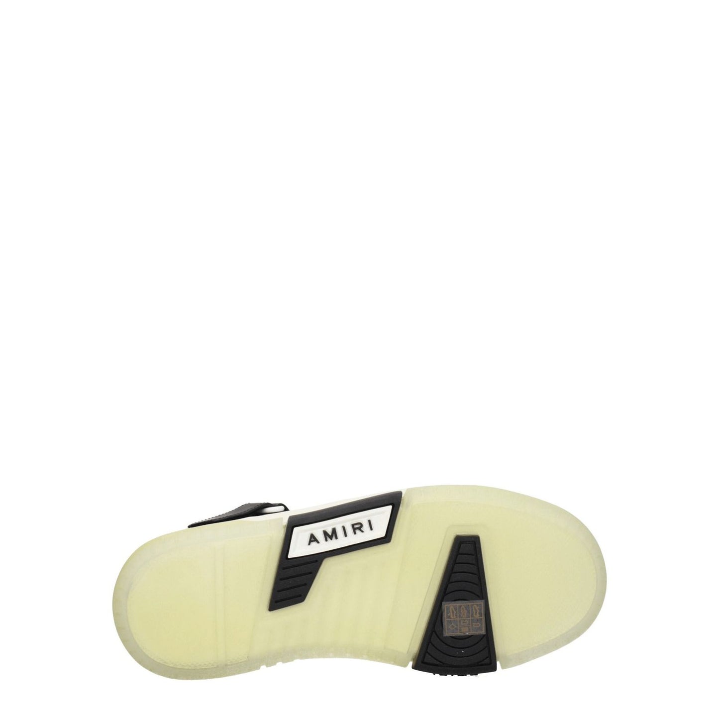 Sole view of Amiri Black Leather High Top Sneakers with logo detail, showing rubber material and street style design.