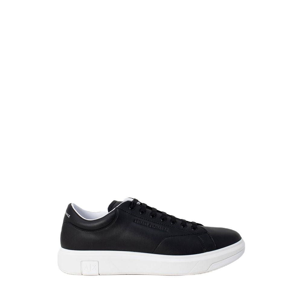 Armani Exchange Black Leather Sneaker for men with embossed logo, minimalist design, and contrasting heel insert on a flat sole.