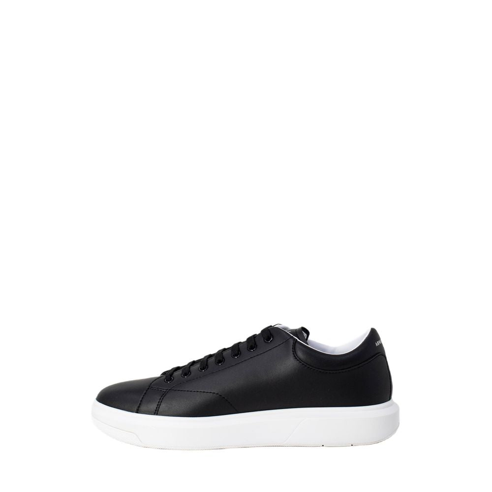 Armani Exchange Black Leather Sneaker with smooth leather and embossed logo, featuring a white sole and minimalist design.