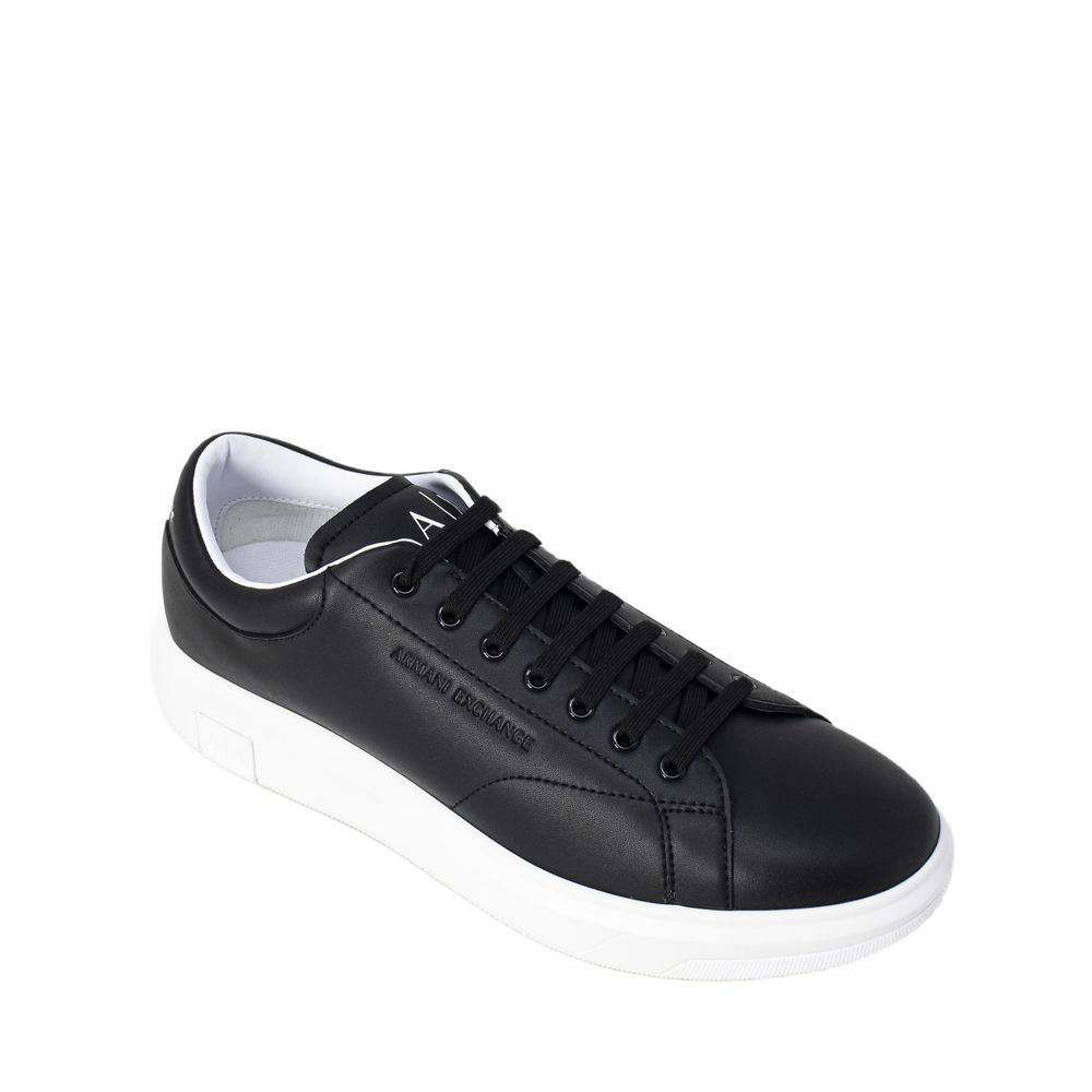 Armani Exchange Black Leather Sneaker with logo embossed, minimalist design, and flat sole for men's fashion.