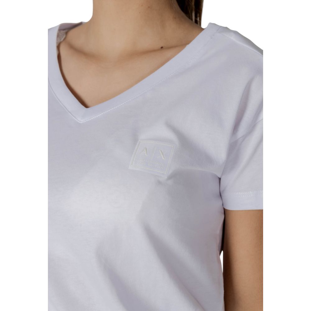 Close-up of a woman wearing Armani Exchange White Cotton T-Shirt with short sleeves and V-neck design.