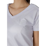 Close-up of a woman wearing Armani Exchange White Cotton T-Shirt with short sleeves and V-neck design.