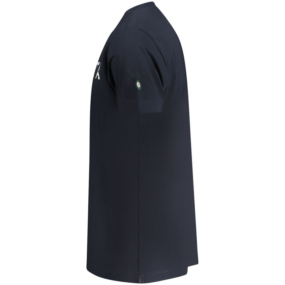 Side view of Armata Di Mare Blue Cotton Men T-Shirt showcasing short sleeves and bold print, epitomizing nautical sophistication.