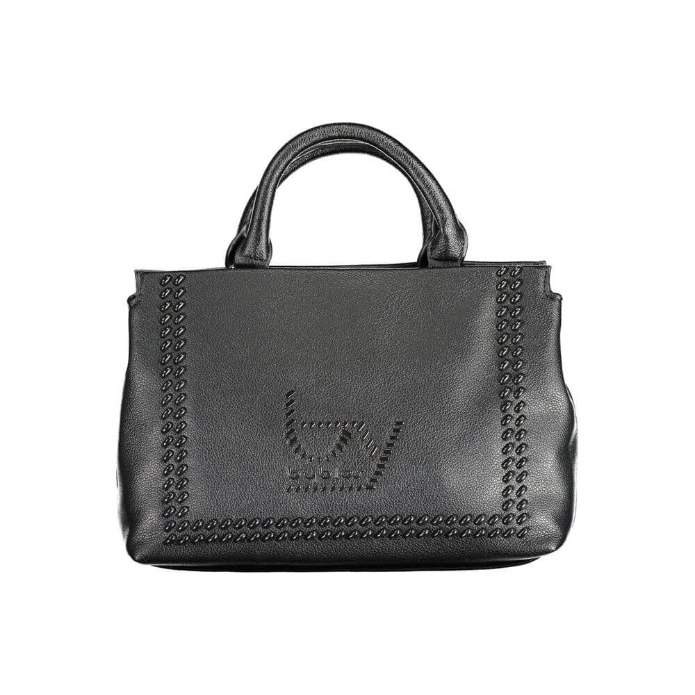 BYBLOS Black Polyethylene Handbag with 2 handles, adjustable shoulder strap, dual compartments, and logo on front.