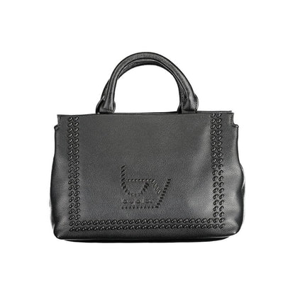 BYBLOS Black Polyethylene Handbag with 2 handles, adjustable shoulder strap, dual compartments, and logo on front.