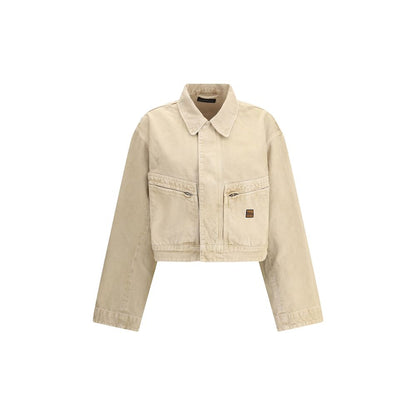 Balenciaga Beige Cotton Denim Jacket with classic collar, zipper front, patch pockets, and mini logo patch for modern workwear style.