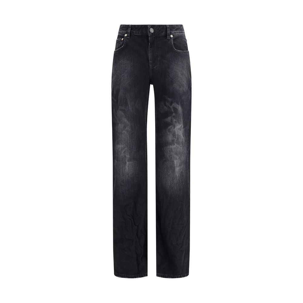 Balenciaga Black Cotton Relaxed Fit Jeans with faded, worn-in look, crinkled finish, mid-rise waist, and five pockets for casual style.