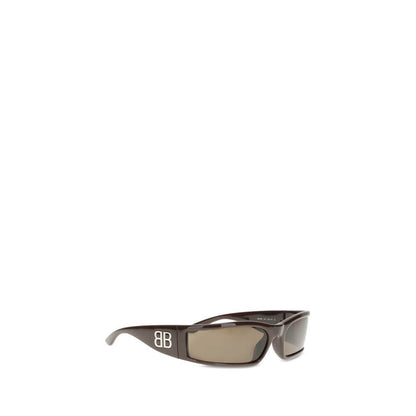 Balenciaga Brown Acetate Sunglasses with metallic logo on temples, modern rectangular shape, and eco-friendly bio nylon lenses.