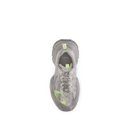 Balenciaga Gray Polyester Athletic Sneakers top view with taupe mesh, neon yellow accents, and logo detailing on toe and heel.