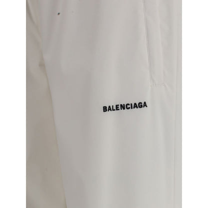 Close-up of Balenciaga White Polyester Joggers (Workout Pants) with logo detail.